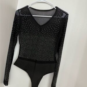Black Long Sleeve Bodysuit with Rhinestones